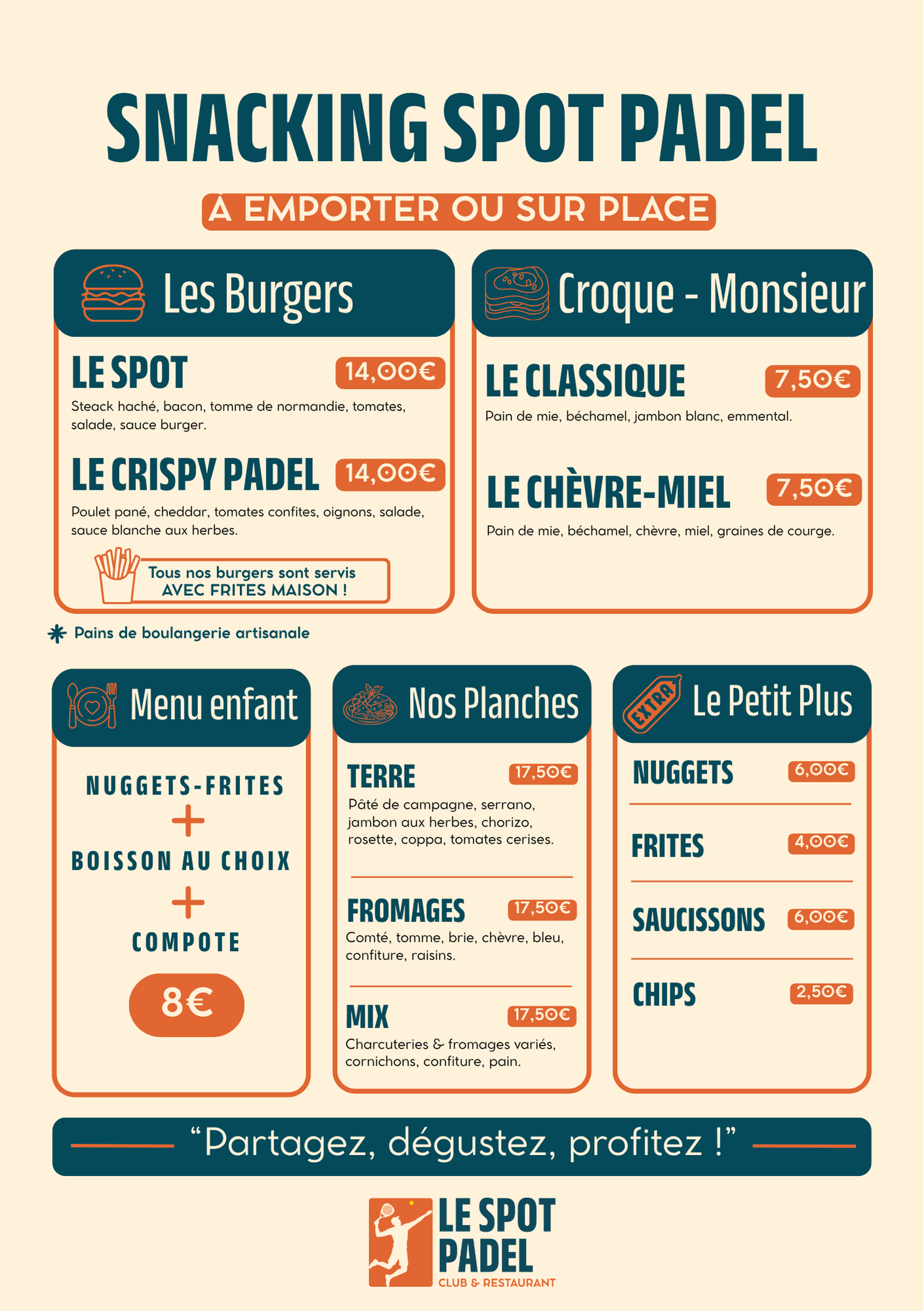 Carte snacking du Spot Padel Club